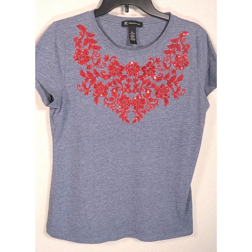 INC International‎ Concepts Blue T Shirt Top Red Embroidery Short Sleeve Large